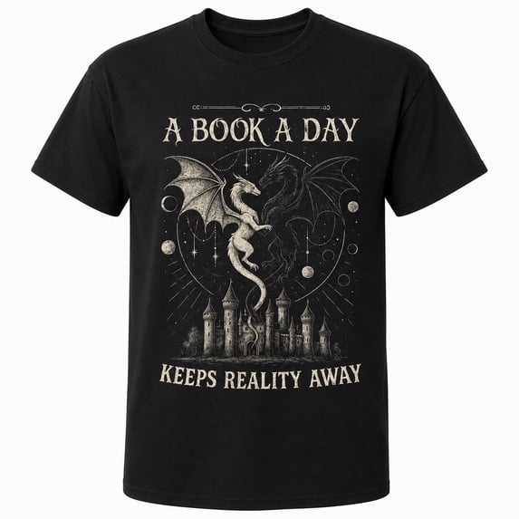 Fantasy Book Lover Dragon Graphic T-Shirt, A Book A Day Keeps Reality Away