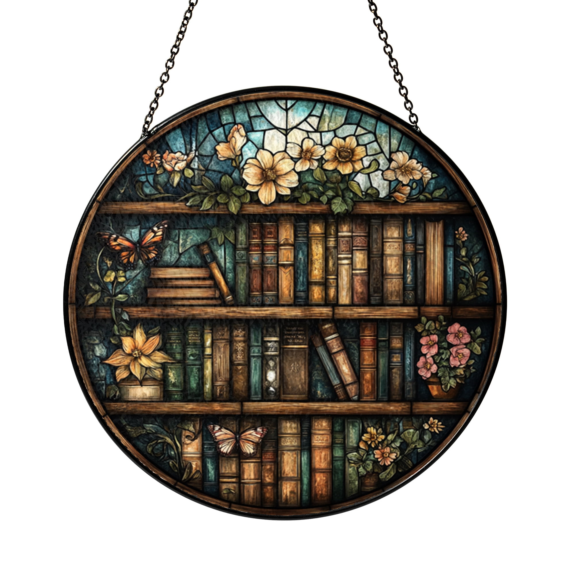 Fantasy Bookshelf Faux Stained Glass Window Suncatcher – Decorative Art