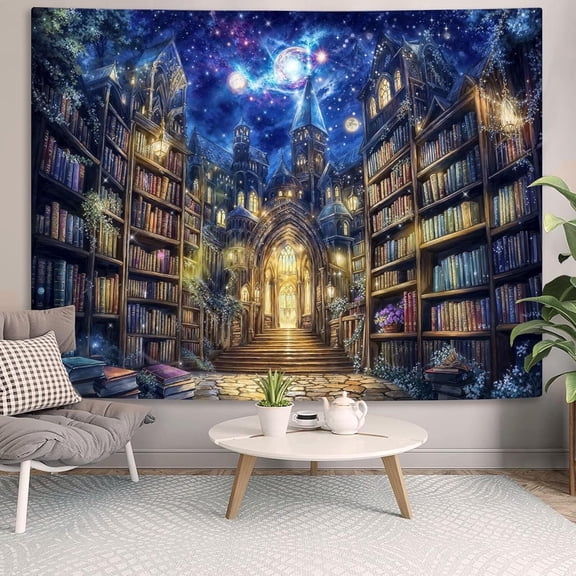 Fantasy Bookshelf Tapestry Space Library Tapestries Wall Hanging Gothic Galaxy Castle Magic Book Large Tapestry for Bedroom Living Room Dorm Classroom 60 x 40 inch