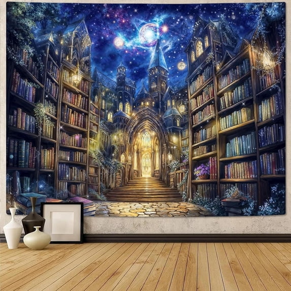 Fantasy Bookshelf Tapestry Space Library Tapestries Wall Hanging Gothic Galaxy Castle Magic Book Large Tapestry for Bedroom Living Room Dorm Classroom 60 x 40 inch