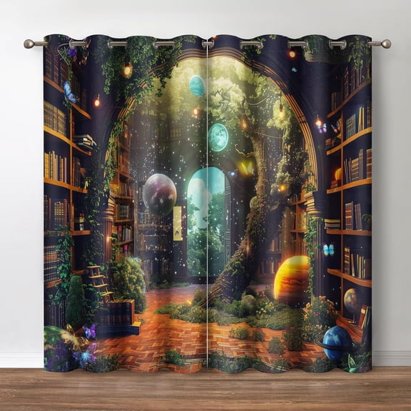 Fantasy Bookshelf Tree Blackout Curtains, Library Starry Sky Theme Thermal Insulated Grommet Window Drapes for Bedroom Living Room Kitchen 53"W x 96"L (Pack of 2)