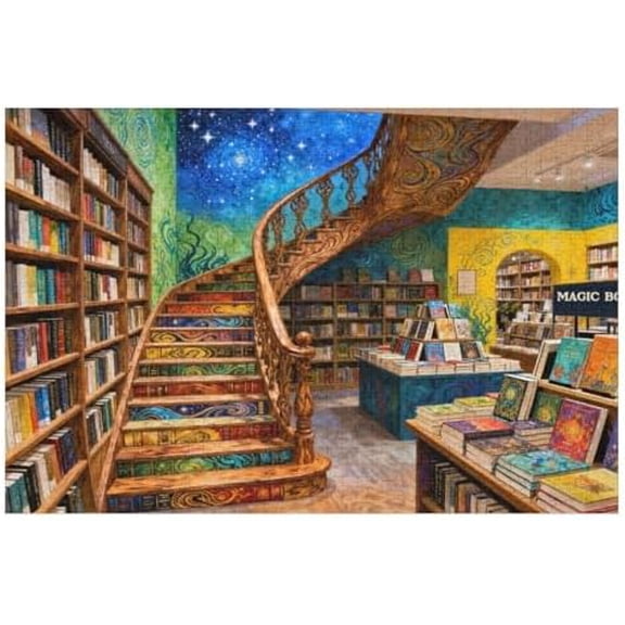 Fantasy Bookstore Adventure 1000 Piece Puzzle for Adults Magical Library Scene Jigsaw, HD Print and Poster Included, Challenging Puzzle for Halloween and Christmas Game Night Gift, 30x20 in