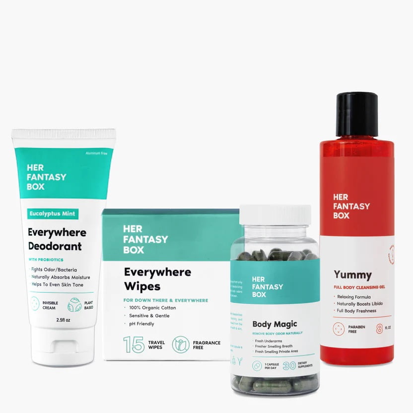 Her Fantasy Box | Body Odor Fighter Bundle | Deodorant with Probiotics, Organic Wipes, Chlorophyll Capsules & Yummy Body Wash Natural Freshness, Detox & Skin Nourishment