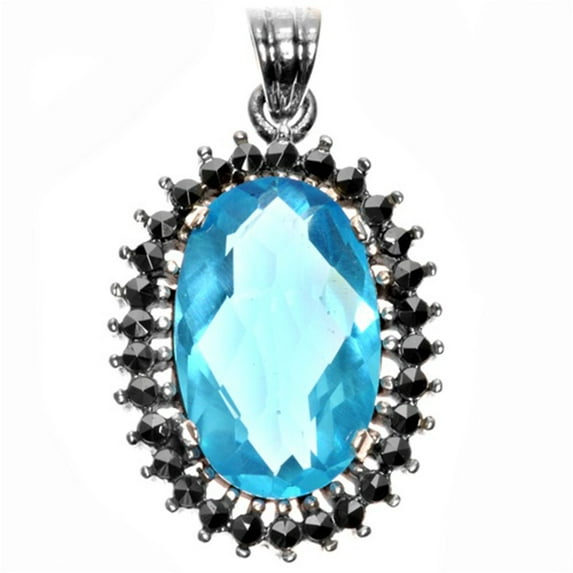 Fantasy Burst Oval Pendant Simulated Aquamarine .925 Sterling Silver Charm Jewelry Female Unisex
