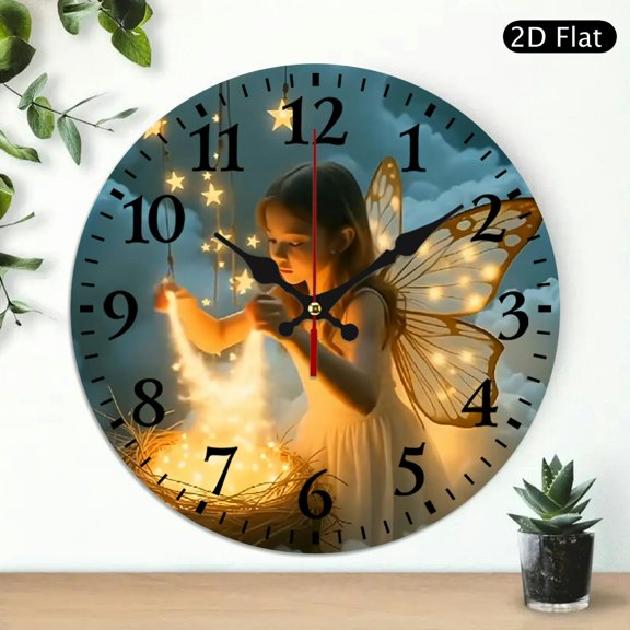 Fantasy Butterfly Girl Wall Clock, Celestial Glowing Night Sky Design, Round 10x10 Inch Decorative Silent Timepiece, 1pc, Battery Not Included