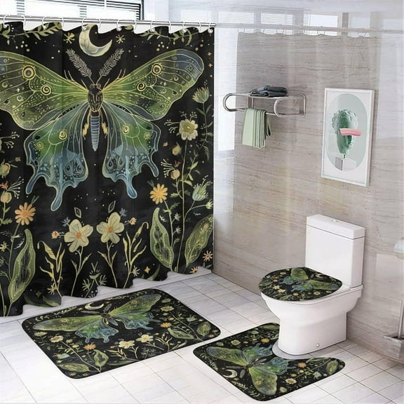Fantasy Butterfly Moon Florals Shower Curtain Watercolor Abstract Spring Forest Greens Decor Bathroom Shower Curtain Set with Hooks