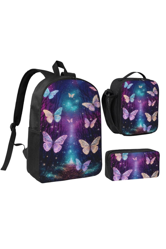 Fantasy Butterfly Night Backpack Set 3pc Backpack with Lunch Bag and Bag 17 Inch