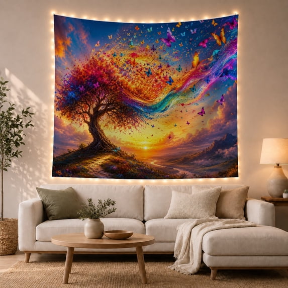 Fantasy Butterfly Sunset Over Purple Mountains with Glowing Tree, Dreamy Surreal for Nature Lovers, Whimsical Tree Wall Art, Housewarming Gift, Tapestry Wall Hanging for Living Room and Bedroom