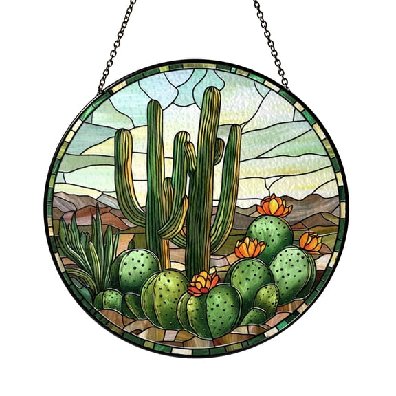 Fantasy Cactus Plant Stained Glass Window Decor – Handmade Botanical Hanging Art