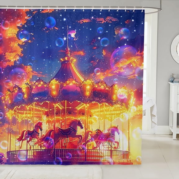 Fantasy Carousel Shower Curtain Magic Carnival Night Sky Shower Curtain with Bubbles Waterproof Fabric Bathroom Decor 71x71 inches