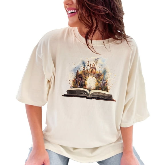Fantasy Castle Book Art T Shirt, Unique Reading Lover Gift, Fairytale Inspired Tee, Bookworm Shirt, Magic Kingdom Illustration Top, Ivory Comfort Colors T-Shirt, Small