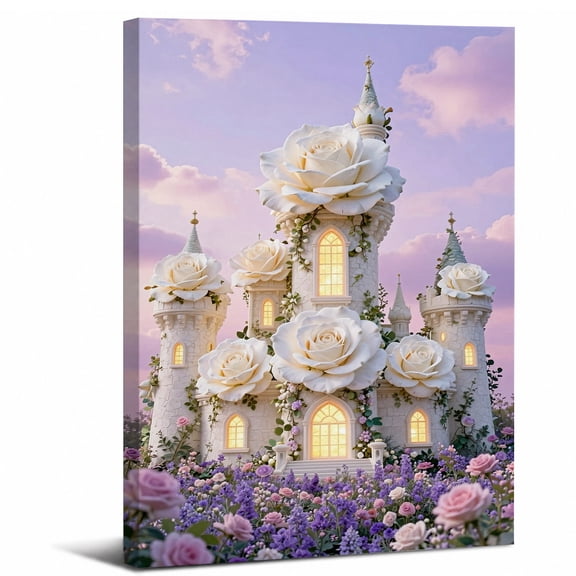 Fantasy Castle Canvas Wall Art Framed,White Rose Flower Fairy Tale Castle Landscape canvas print for bathroom bedroom or living room decor,8x12in