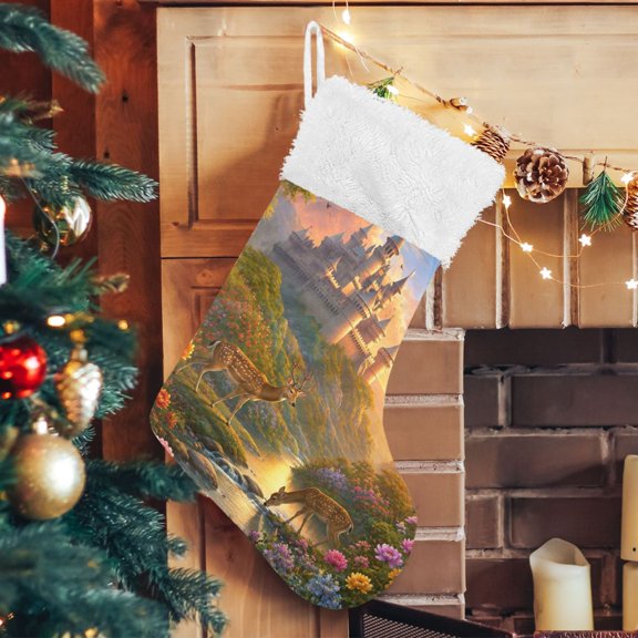 Fantasy Castle Deer Flower Garden Christmas Stockings Large Capacity 17.71" Gift Bag with Hook Xmas Holiday Decor 1 Pack
