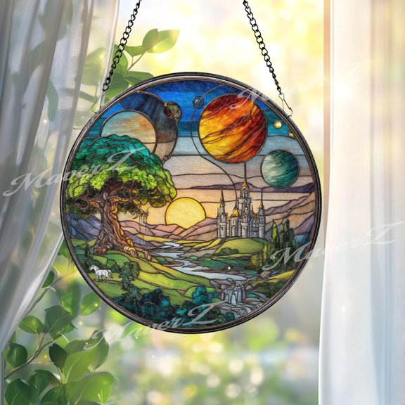 Fantasy Castle Glass Suncatcher, Celestial Landscape Window Art, Magic Sunset Unicorn Ornament, 3.5 in