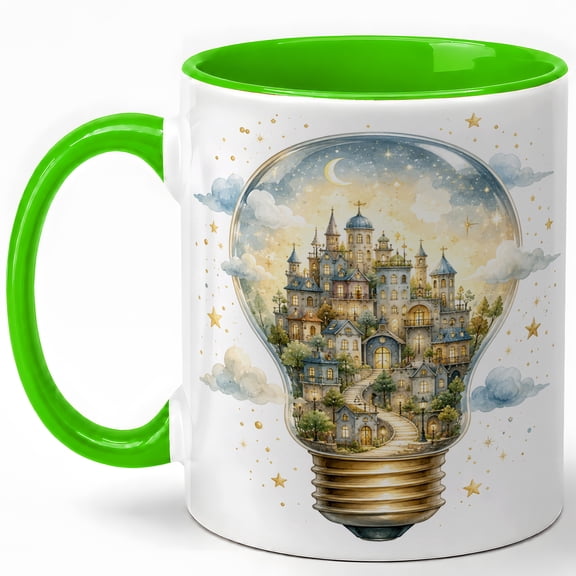 Fantasy Castle Light Bulb Coffee Mug, Magical City in a Bulb Illustration Design, 11 oz Ceramic Cup