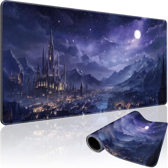 Fantasy Castle Night Scene Large Gaming Mouse Pad 31.5"x15.7"｜XXL Desk Mat, Non-Slip Rubber Base & Stitched Edges - Extended Waterproof Mousepad for PC/Laptop/Office/Home Decor