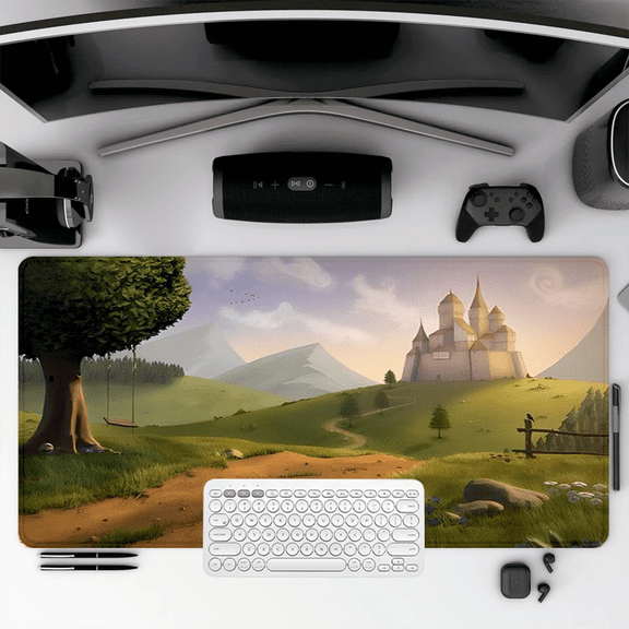 Fantasy Castle Scene Mouse Pad 35.4 x 15.8 Inches Rubber Desk Mat with Tree Swing and Hillside Design for Office or Gaming Use