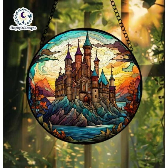 Fantasy Castle Stained Glass, Colorful Sunset Window Art, Magical Gift for Fantasy Lovers, Stained Glass Window Hanging, Castle Decor Home 4303520229