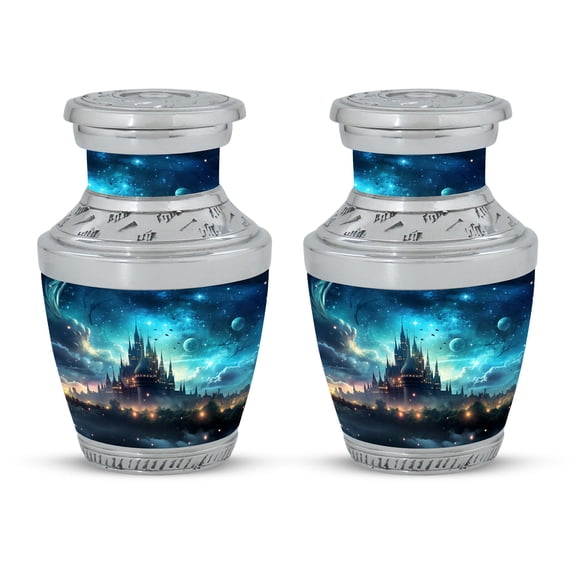 Fantasy Castle under a Starlit Sky Petite Portal - Keepsake Mini Urn - Gateway to Memories, Small in Size - Funeral Urns For Human Ashes - Memorial Urns 3 Inch, Set Of 2