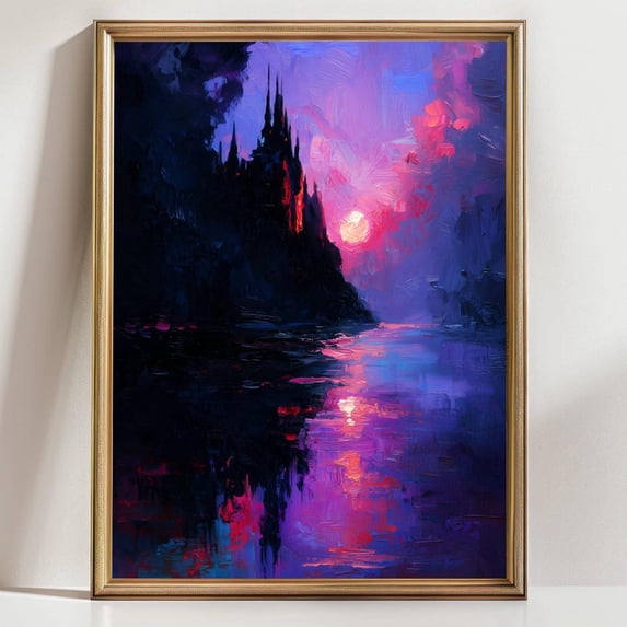 Fantasy Castle Sunset Wall Art Print, Moody Purple Landscape, Dark ...