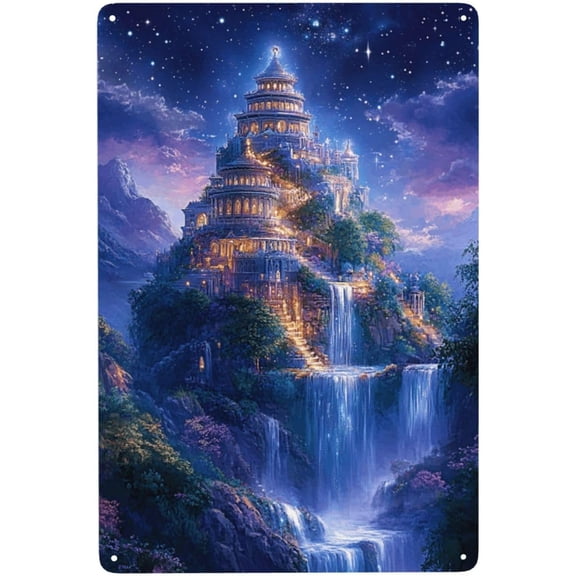 Fantasy Castle Under Starry Sky Metal Tin Sign, Aluminum Wall Plaque, Indoor Outdoor Bar Game Room Man Cave Decor, 8 x 12 Inches