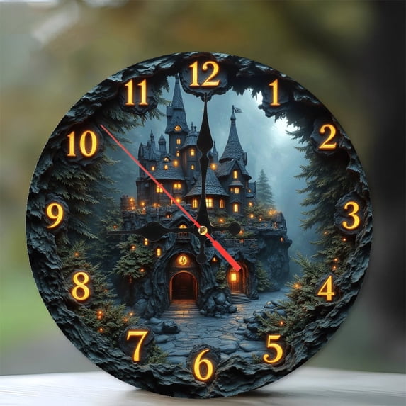 Fantasy Castle Wall Clock with Enchanted Forest Design 10-Inch Silent Wooden Wall Clock, Battery Operated (AA Batteries Not Included), Artistic Home Decor