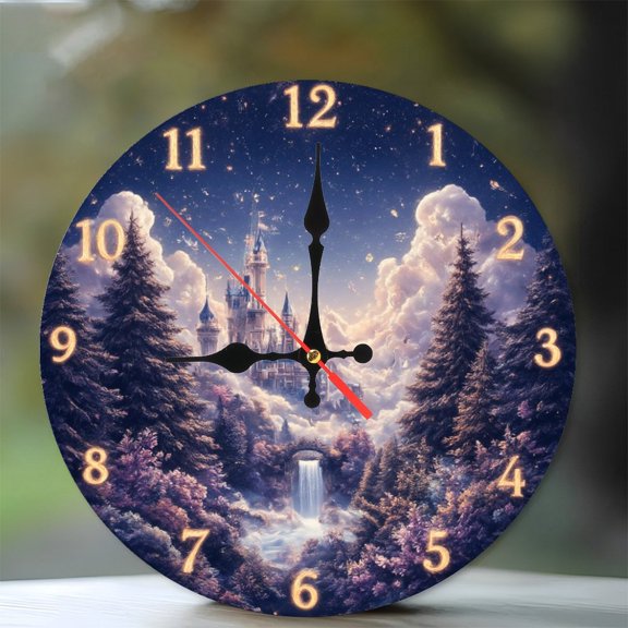 Fantasy Castle Wall Clock Magical Waterfall Fairy Tale Decor 10-Inch Silent Wooden Wall Clock, Battery Operated (AA Batteries Not Included), Artistic Home Decor