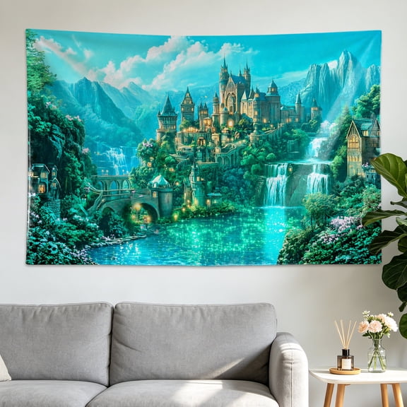 Fantasy Castle Waterfall Landscape Wall tapestry,Large size Printed Horizontal Tapestry blanket,Polyester Fabric Wall Hanging for bedroom,living room,No Installation Required,Indoor,Outdoor,Gift for
