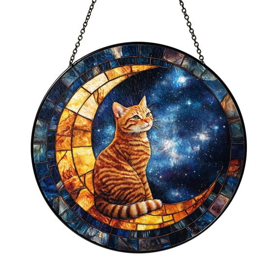 Fantasy Cat Moon Stained Glass Window Decor – Handmade Lunar Hanging Art