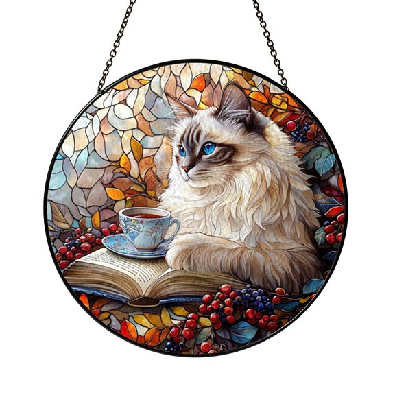Fantasy Cat Reading Book Stained Glass Window Decor – Handmade Library Hanging Art