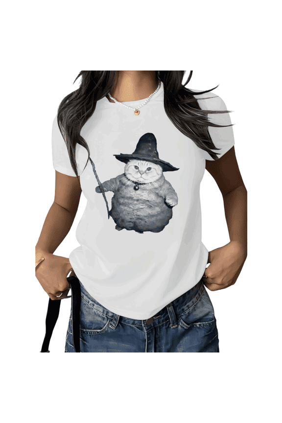 Fantasy Cat Shirt Print Tshirt Graphic Tees Shirts White Women Wizard Cat Magic Style Design Casual Summer Tee Size S-5XL Soft Cotton Tops
