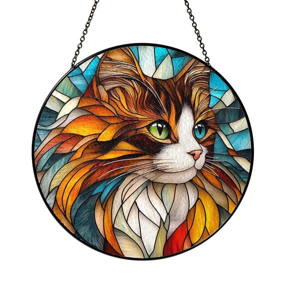 Fantasy Cat Stained Glass Style Window Suncatcher, Decorative Feline Art Window Hanging for Contemporary Home Decor, Glass Style Accent, Creative Gift for Cat Fans