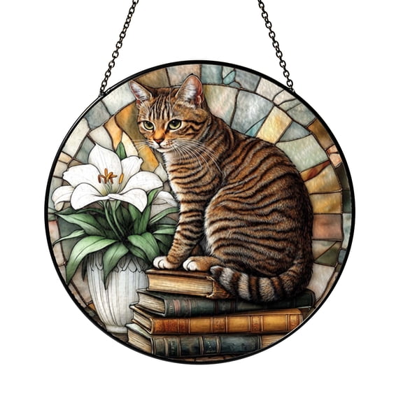 Fantasy Cat Stained Glass Style Window Suncatcher with Lily Design, Floral Art Decor, Decorative Hanging