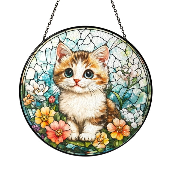 Fantasy Cat Stained Glass Suncatcher – Cute Feline Window Hanging Art, Floral Garden Window Decor, Nature Inspired Home Decoration, Adorable Gift for Cat Lovers and Animal Lovers