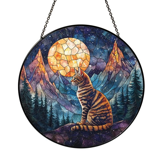 Fantasy Cat Stained Glass Suncatcher, Decorative Night Sky Style Window Hanging Art, Artistic Feline Glass Panel for Home Window Decor