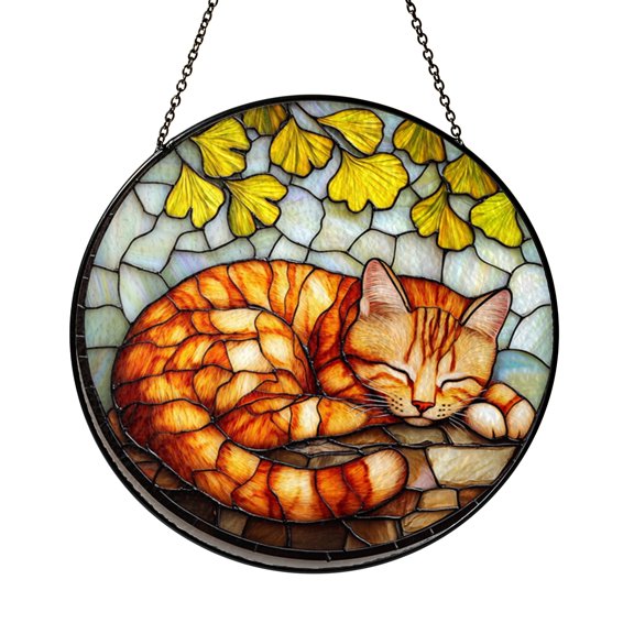 Fantasy Cat Stained Glass Window Decor – Handmade Ginkgo Leaf Hanging Art