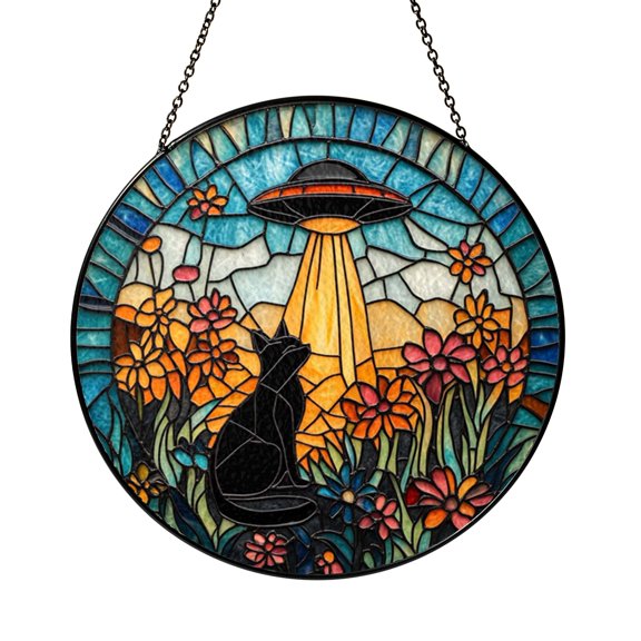 Fantasy Cat UFO Stained Glass Style Window Suncatcher Hanging Decor, Decorative Panel Ornament for Cosmic Window Art and Imaginative Theme Home Decoration