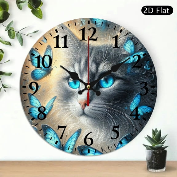 Fantasy Cat Wall Clock, Round 10x10 Inch Decorative Timepiece with Glowing Blue Eyes and Butterfly Art, Silent Analog Clock for Home Decor, 1pc, Battery Not Included