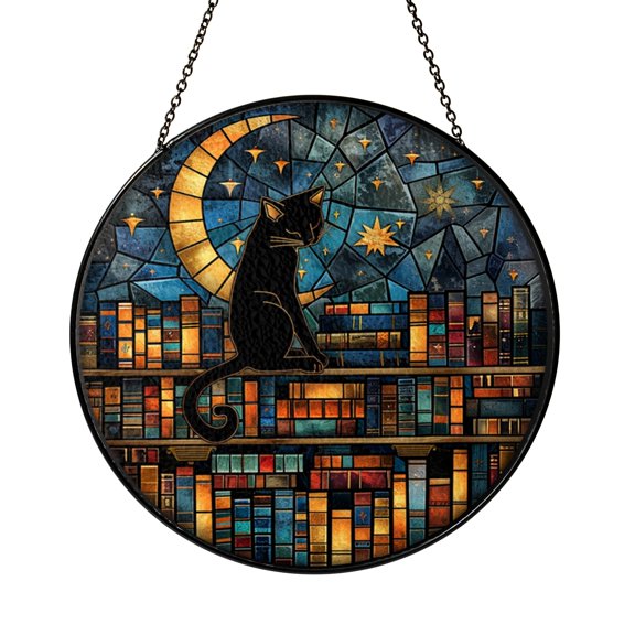 Fantasy Cat and Book Window Hanging – Acrylic Design