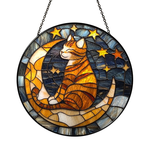 Fantasy Cat on Moon Glass Suncatcher Window Hanging, Decorative Stained Glass Style Art