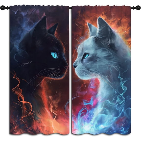 Fantasy Cats Blackout Curtains, Cute Black White Pet Abstract Theme Thermal Insulated Rod Pocket Window Drapes for Bedroom Living Room Kitchen 53"W x 96"L (Pack of 2)