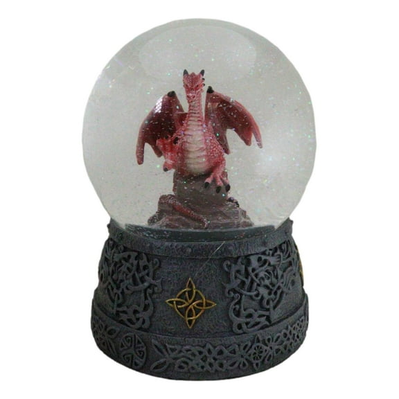 Fantasy Celtic Quadrilateral Knotwork Red Volcano Dragon Water Globe Figurine