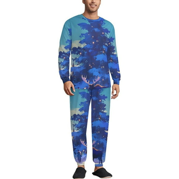 Fantasy Christmas Tree Deer Men's Pajama Set Sleepwear Pjs Lightweight Long Sleeve Crewneck Shirts and Bottoms Soft Comfy Sleep Sets XS