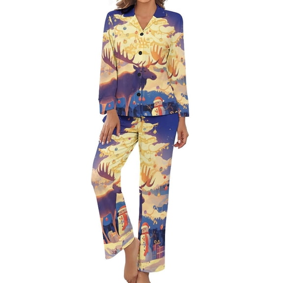 Fantasy Christmas Tree Deer Women's Long Sleeve Flannel Pajama Set Sleepwear XL