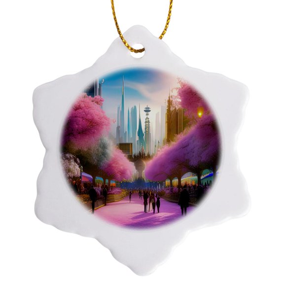 3drose, Fantasy City in Spring. Pink Trees, People, Buildings, Happiness Art, 3 inch Snowflake Porcelain Ornament