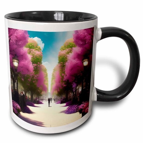 3drose, Fantasy City Park in Spring. Blooming Trees, People, Digital Art Gift, 15oz Two-tone Black Mug