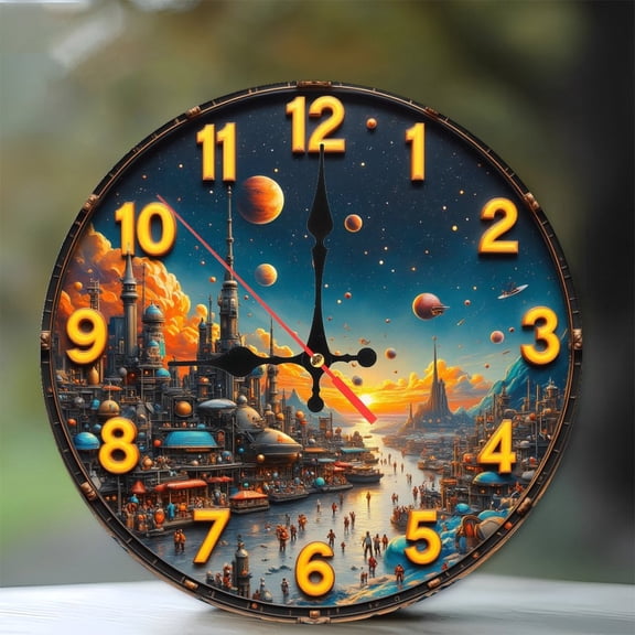 Fantasy Cityscape Sunset Clock Wall Art 10-Inch Silent Wooden Wall Clock, Battery Operated (AA Batteries Not Included), Artistic Home Decor
