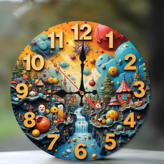 Fantasy Clock Wall Art Cartoon Style Home Decor 10-Inch Silent Wooden Wall Clock, Battery Operated (AA Batteries Not Included), Artistic Home Decor