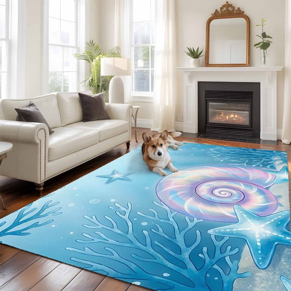Fantasy Color Nut Area Rugs 5x7 ft Dreamy Blue Starfish Coral Sea Ocean Life Washable Rug Non Slip Indoor Carpet Absorbent Floor Mat for Living Room Bedroom Dining Room