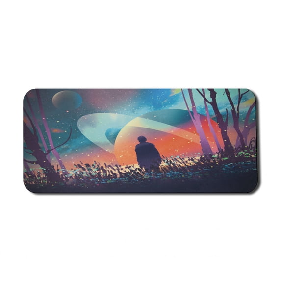 Fantasy Computer Mouse Pad, Man Alone Under Vibrant Colored Reflections of Galaxy Planets Space Cosmos Art, Rectangle Non-Slip Rubber Mousepad X-Large, 35" x 15" Gaming Size, Multicolor, by Ambesonne